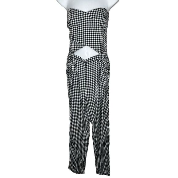 NWT Hollister Jumpsuit L 100% Viscose Strapless Pockets Cutout Black Gingham - Picture 2 of 10